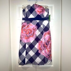 Lilly Pulitzer Bowen Strapless Dress – Navy Gingham Floral Size 8. NWT VINTAGE